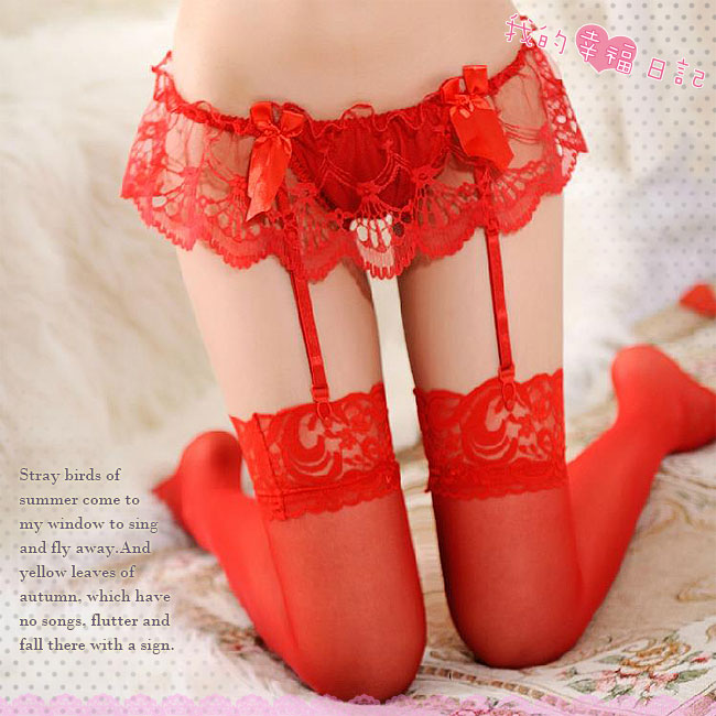 黑夜天使‧蕾絲透視吊襪帶+大腿蕾絲絲襪 (紅)♥