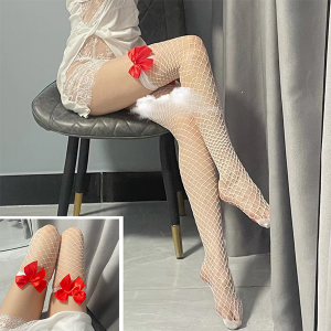 調情誘惑．性感美腿長筒紅蝴蝶結點綴 網襪 (白色) ♥