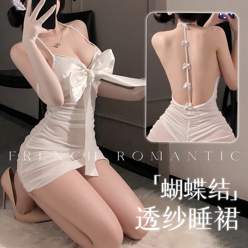 美人綺夢 蝴蝶結裝飾抽褶性感掛脖透紗連身睡裙(白)♥