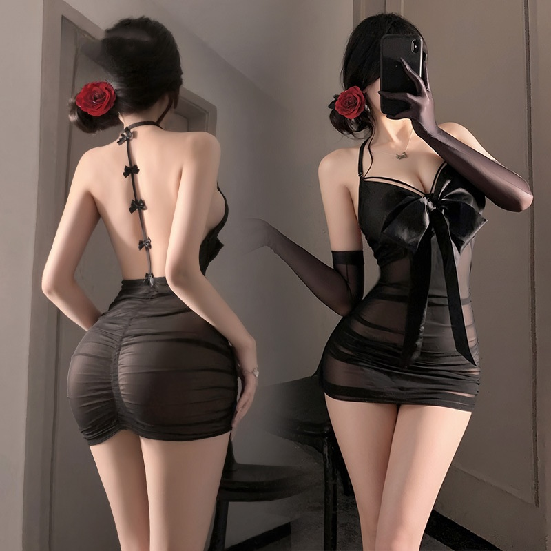 美人綺夢 蝴蝶結裝飾抽褶性感掛脖透紗連身睡裙(黑)♥