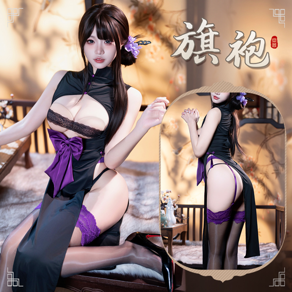 兩穿性感復古風情高開衩鏤空連身旗袍四件組套裝(黑) ♥
