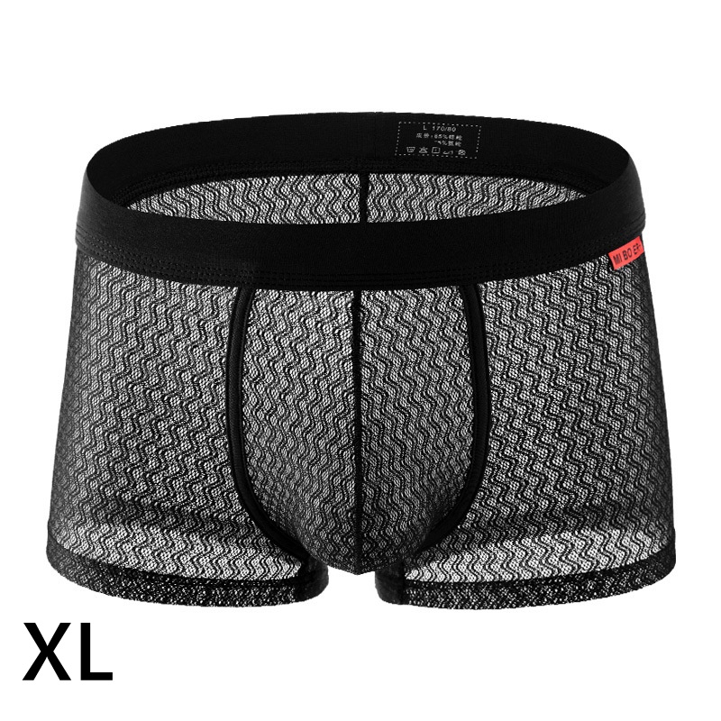 男士 純色透視平角內褲 透氣四角短褲 (黑色XL)♥