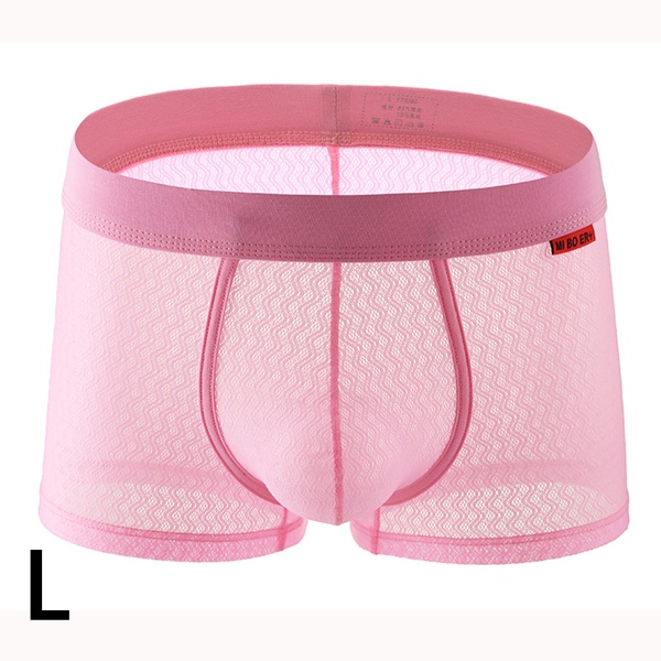男士 純色透視平角內褲 透氣四角短褲 (粉色L)♥