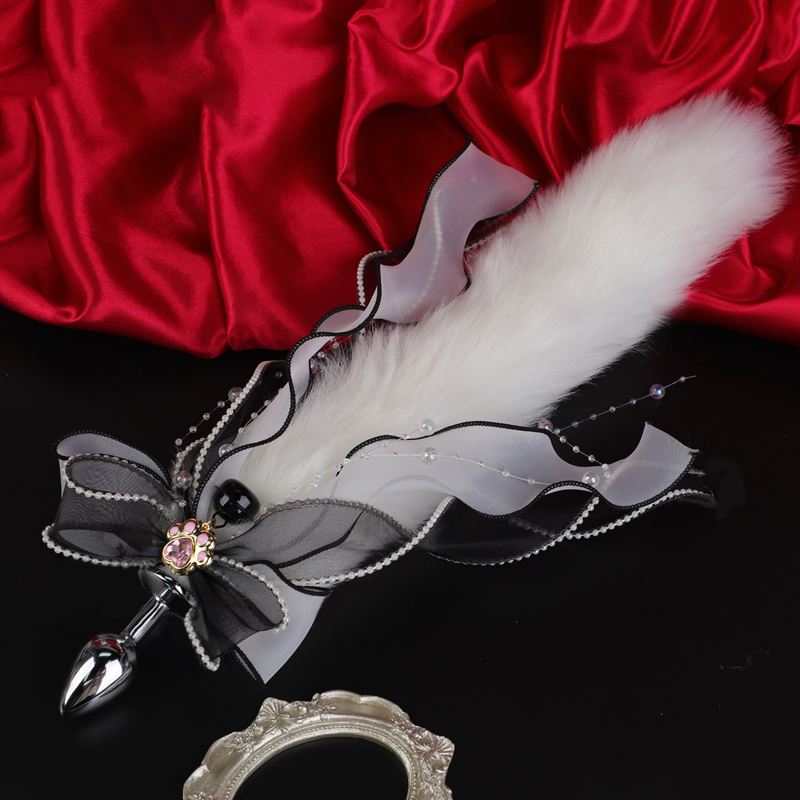 【直徑2.8cm】激性扮演狐狸精‧不銹鋼後庭肛塞 蕾絲蝴蝶結白尾巴 (白)♥