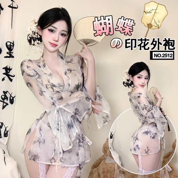 蝴蝶印花透視深V開襟和服睡衣浴袍套裝♥