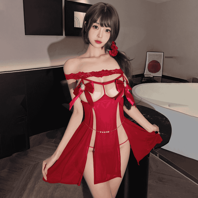 心動調頻 蝴蝶結露胸透視開檔調情性感情趣睡衣 (酒紅) ♥