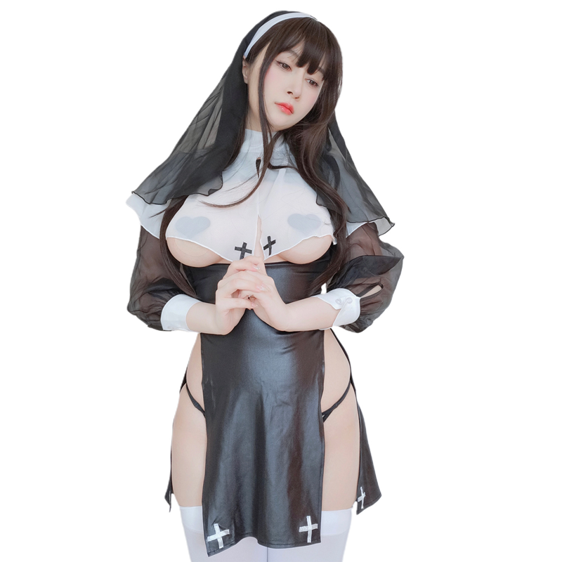 禁忌修女 萬聖節cos制服誘惑火辣 露乳 開高衩 連身修女四件組cos套裝 (黑)♥