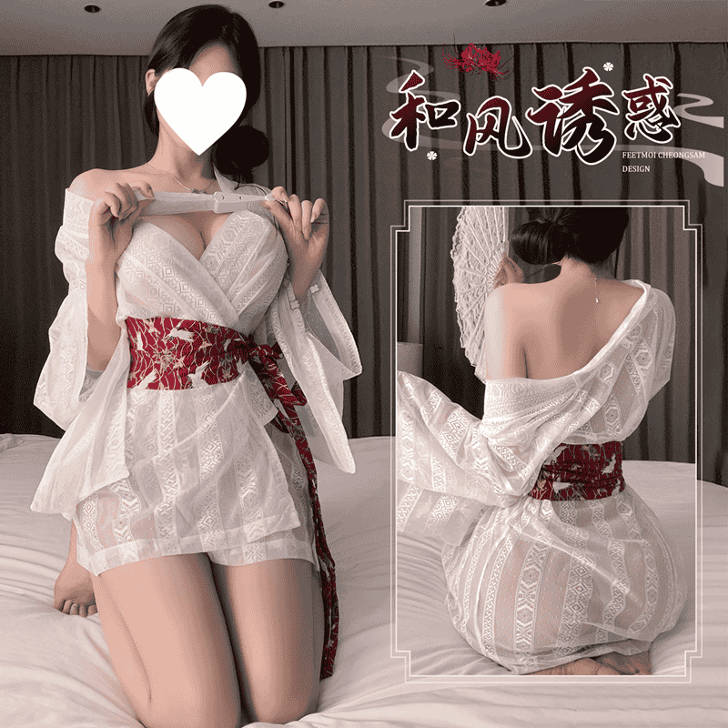日系千金 性感露胸透視和服兩件組套裝 (白)♥