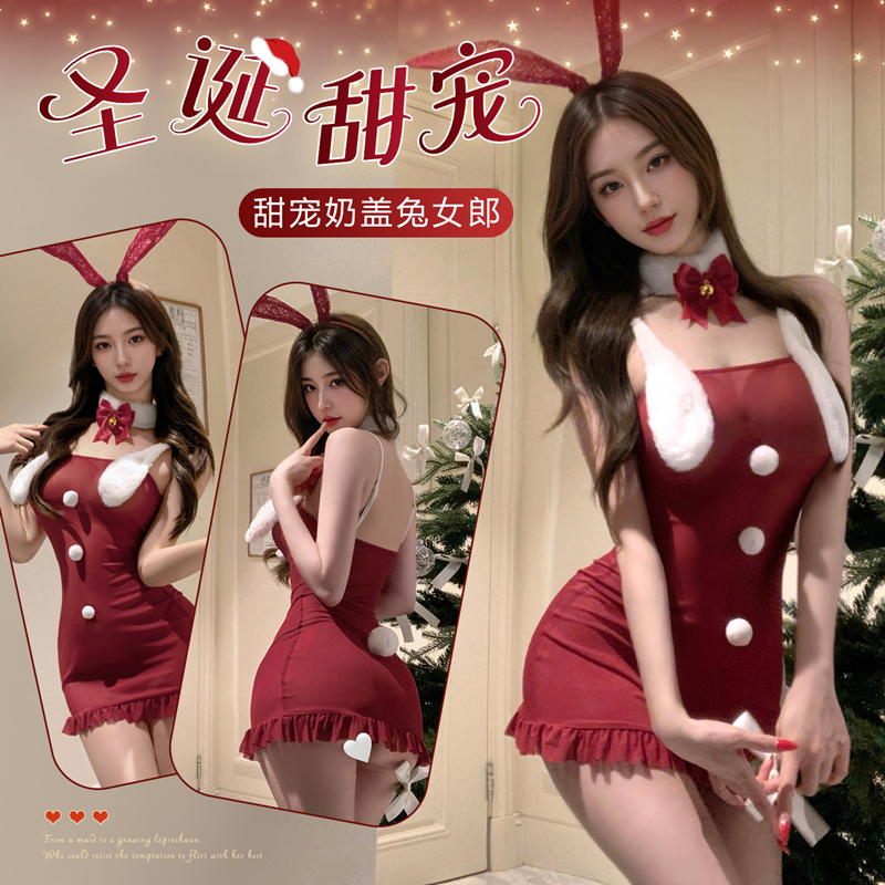 嬌甜欲寵 聖誕奶蓋兔女郎 純欲透視誘惑性感連身耶誕包臀五件組戰袍 (紅)♥