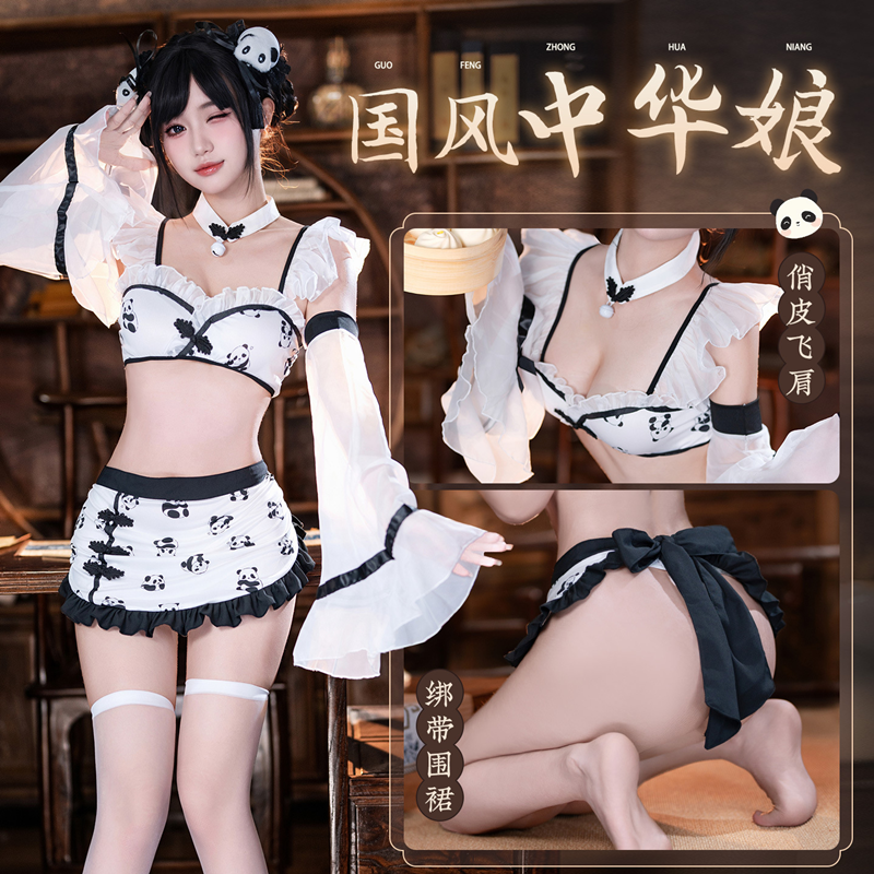 俏麗熊貓印花萌系綁帶誘惑小廚娘六件組套裝♥