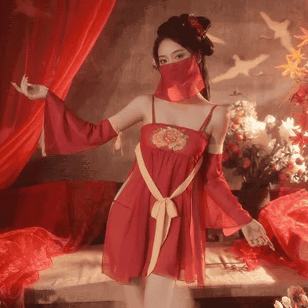 牡丹娘子 嫵媚古裝面紗異域風情漢服妖嬈吊帶裙 (紅) ♥