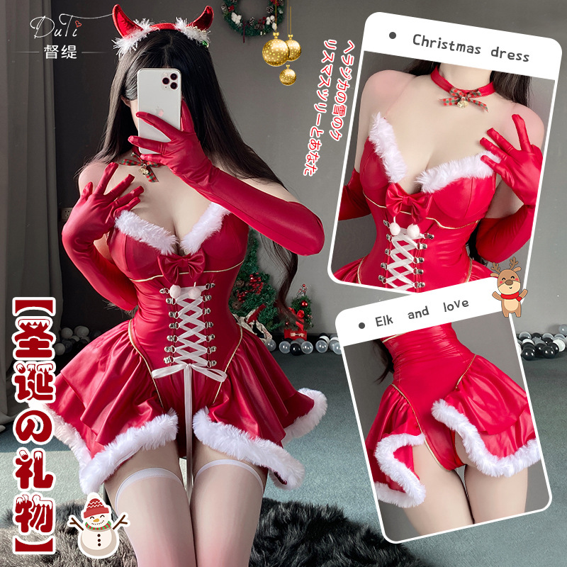 耶誕誘惑 純欲漆皮聖誕節戰袍連身耶誕五件組套裝(紅)♥