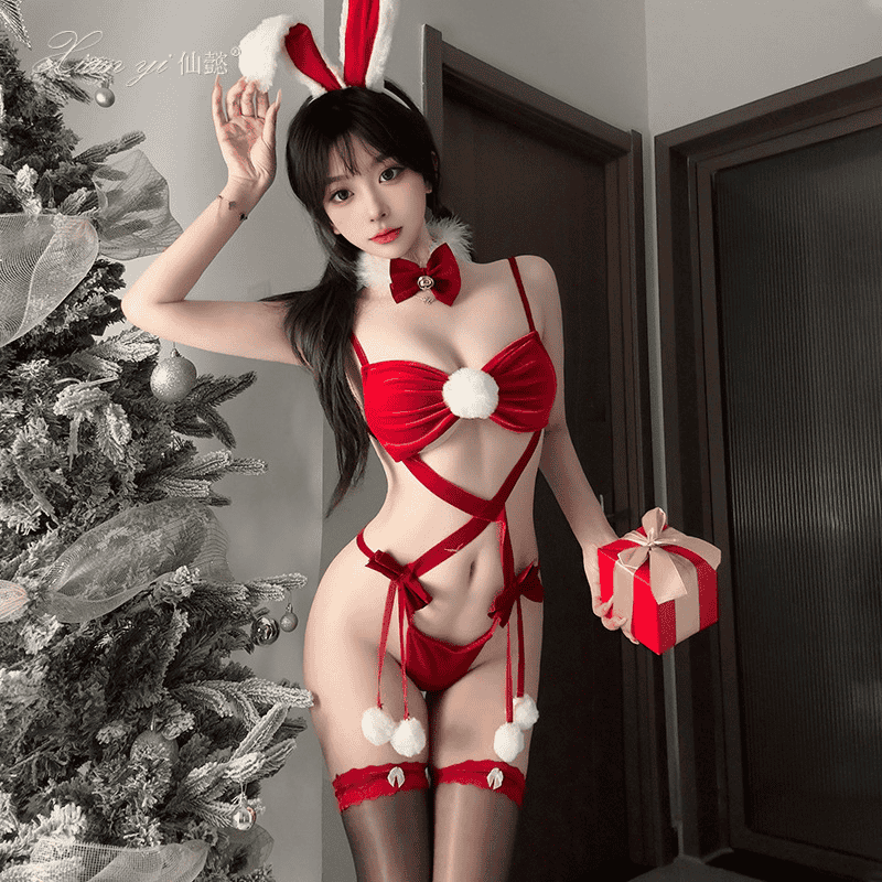 耶誕誘惑 純欲聖誕節連身綁帶三點式聖誕四件組套裝(紅)♥
