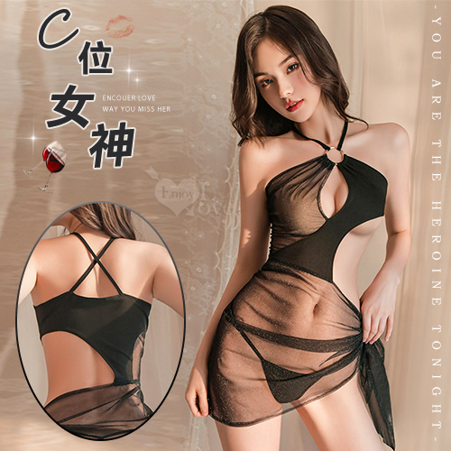 情趣睡衣！水滴鏤空不規則風情閃亮薄紗單側露腰綁帶連身裙兩件組♥