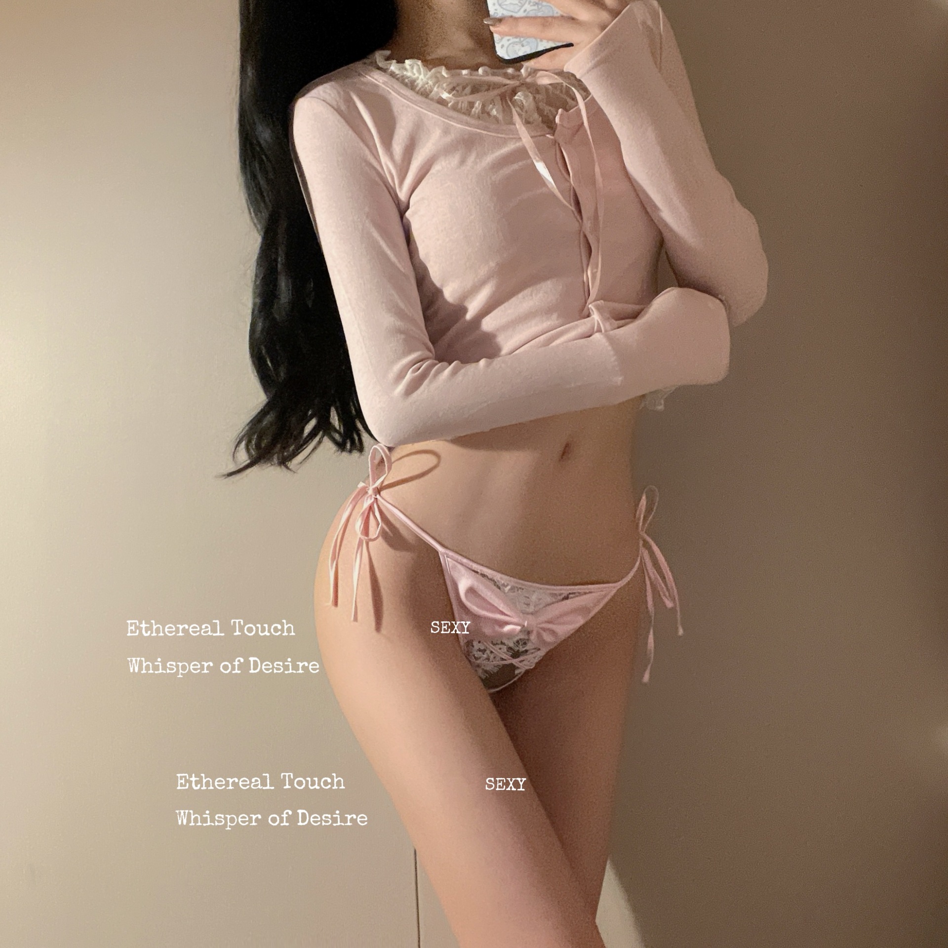 純欲繫帶綁帶鏤空蝴蝶結性感蕾絲法式低腰三角褲(粉)♥