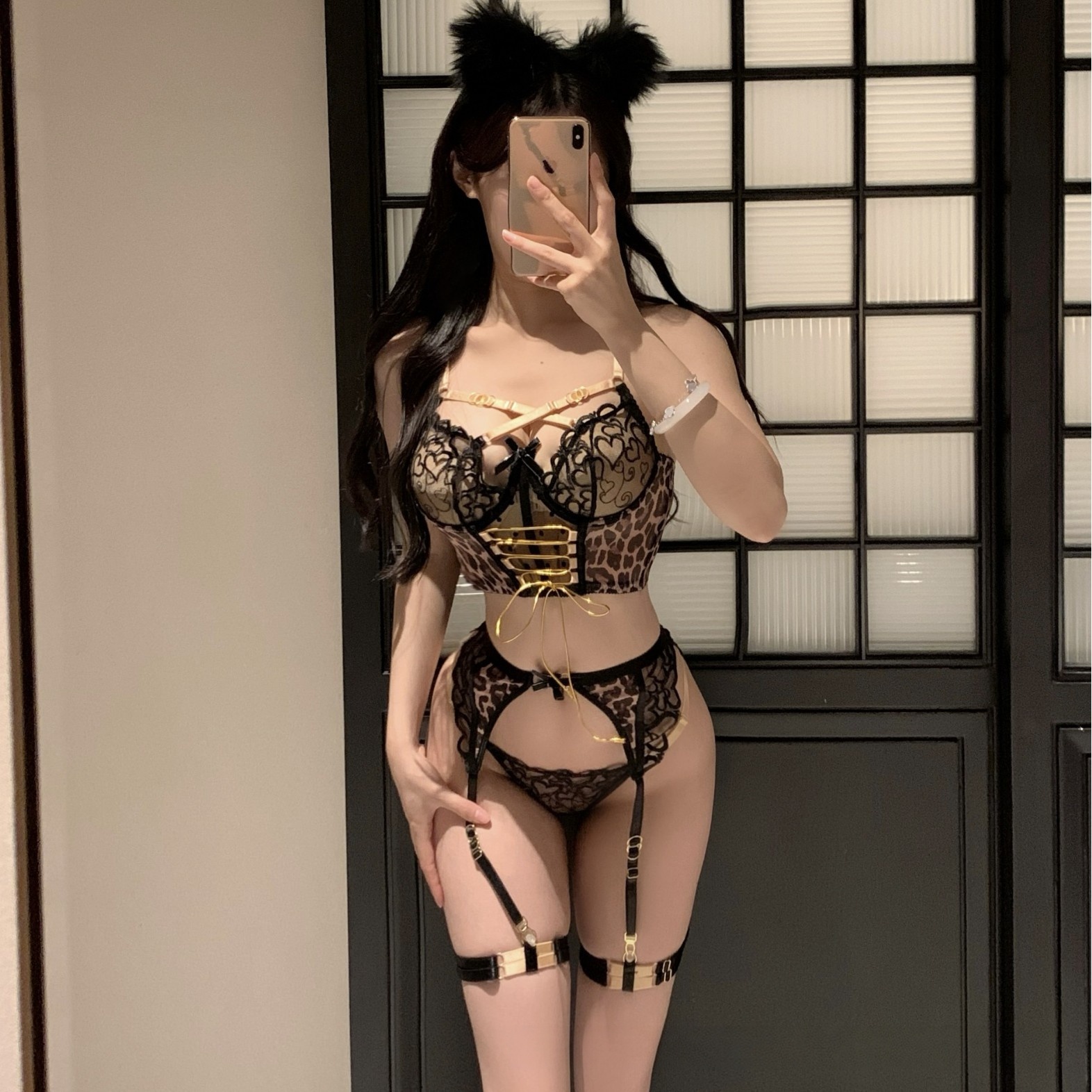性感豹紋 鋼圈馬甲 三件組套裝(鋼托聚攏)♥