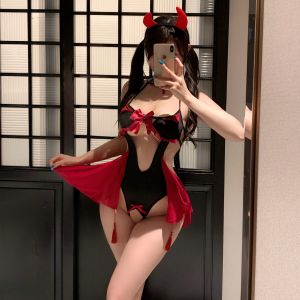 魅惑小惡魔・情趣蝴蝶結挖空修身開襠連體衣.萬聖節♥